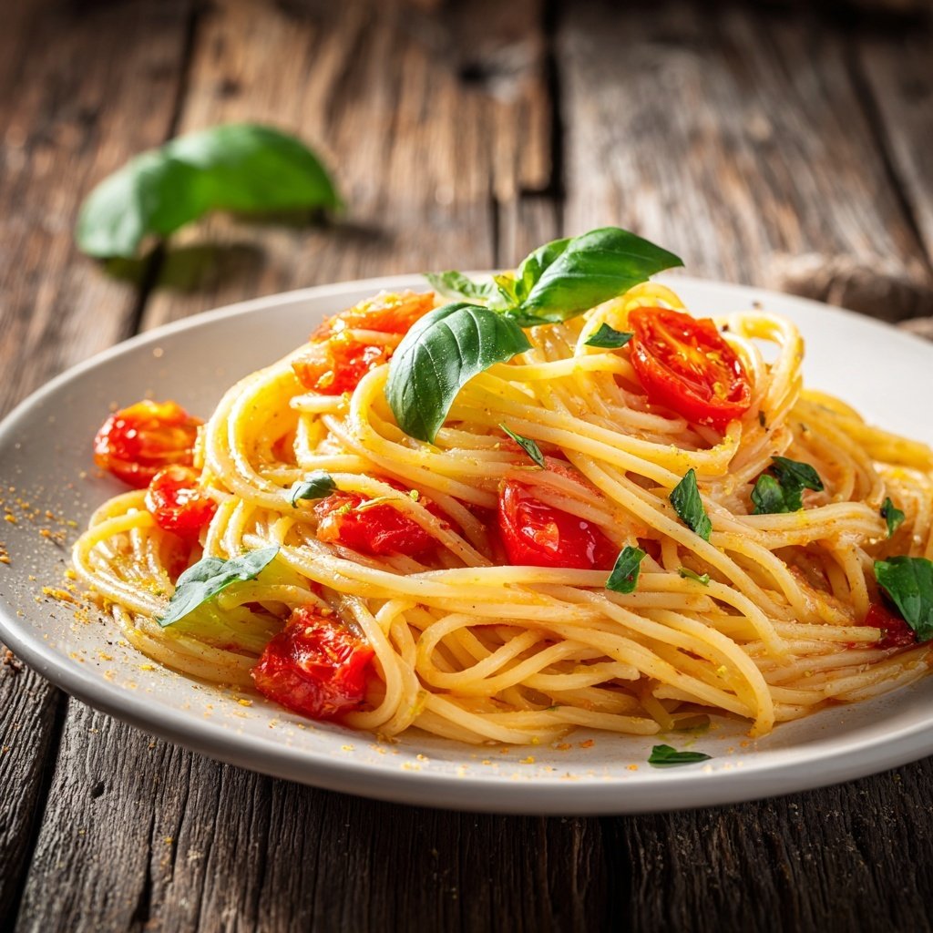 Spaghetti mit Tomaten und Basilikum